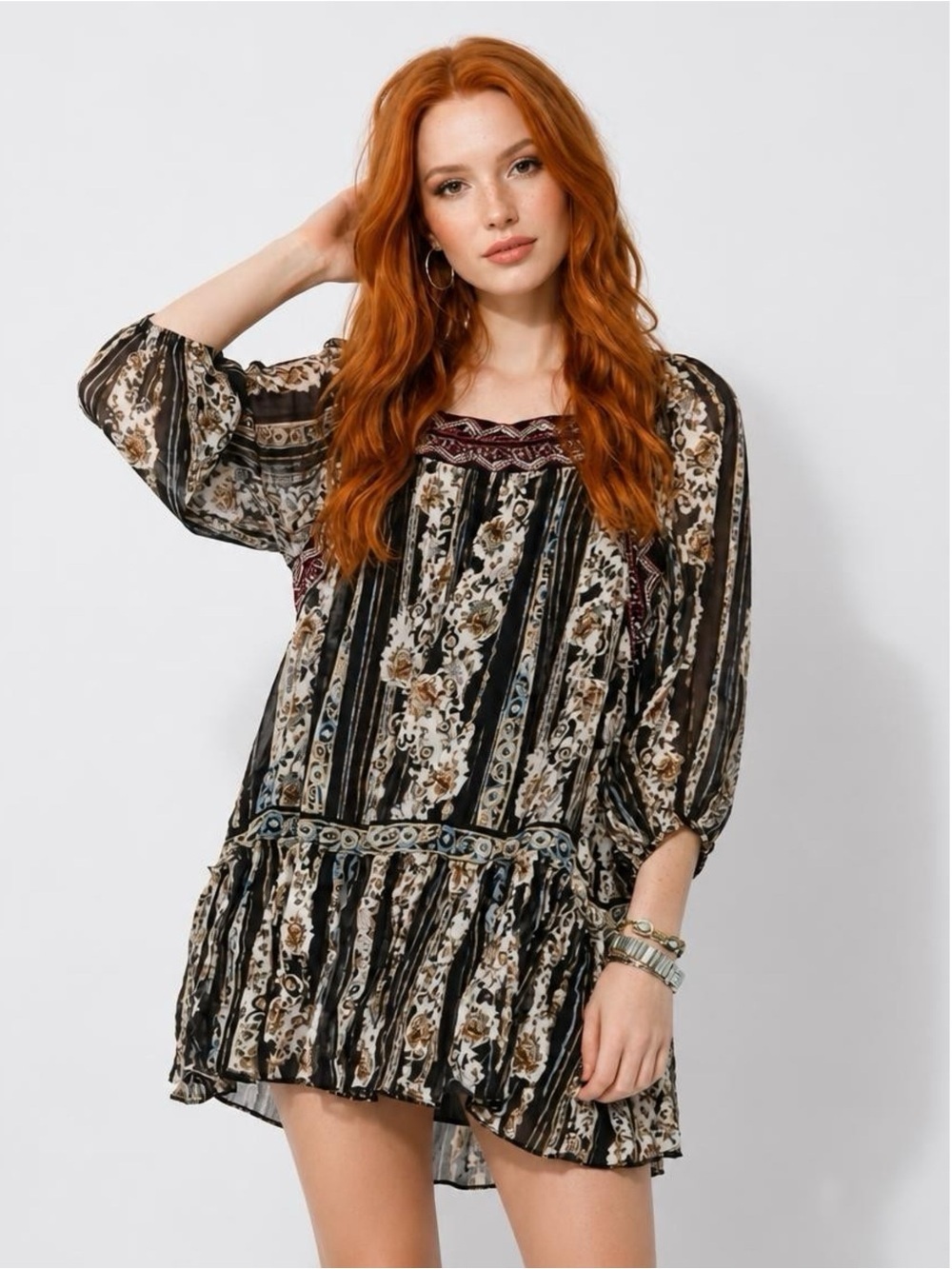 Free People Mini Dress Womens XS Embroidered Floral Semi-Sheer Boho Black NWT